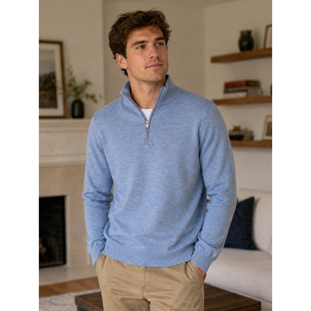 Johnnie-O Mens Medium Blue 1/4 Zip Sweater 100% Merino Wool Pullover Lightweight